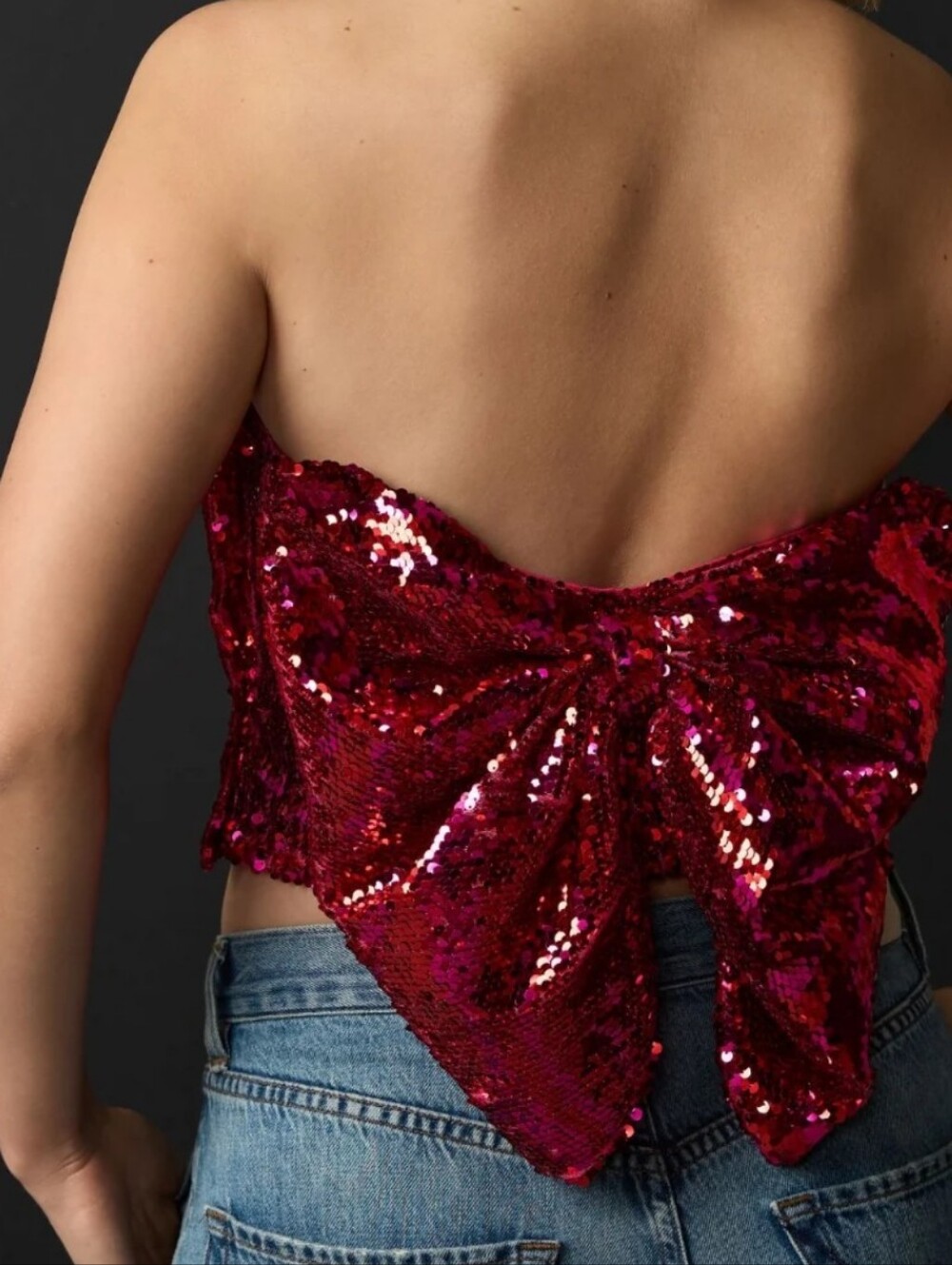 Strapless Red And Pink Sequin Bow Crop Top - Size 16